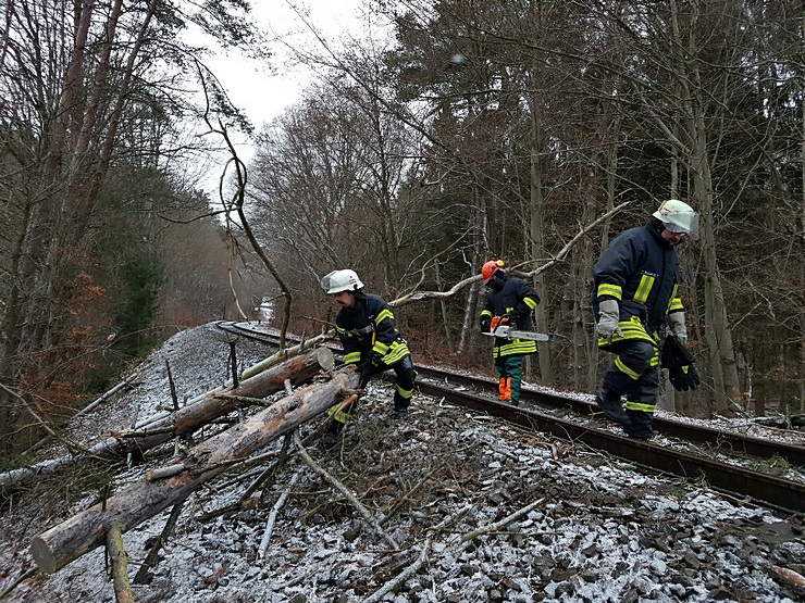 umgestürzte Bäume blockierten oder gefähreden den Verkehr, wie hier auf der Bahnstrecke Saarbrücken - Pirmasens...